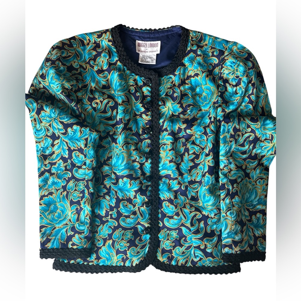 Vintage Maggie London Teal & Navy Floral Jacquard Jacket Statement Blazer Size8
